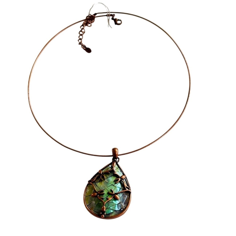 Monet Necklace abalone teardrop‎ ornate copper floral Collar Rare Signed Earthy